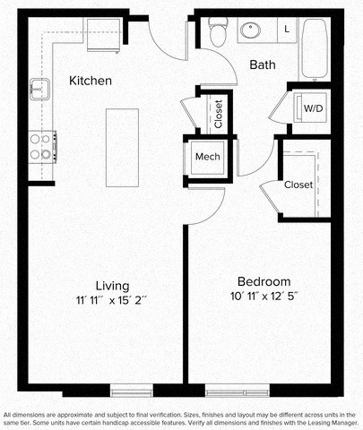Floor plan for 1 bed, 1 bath, 665 sqft